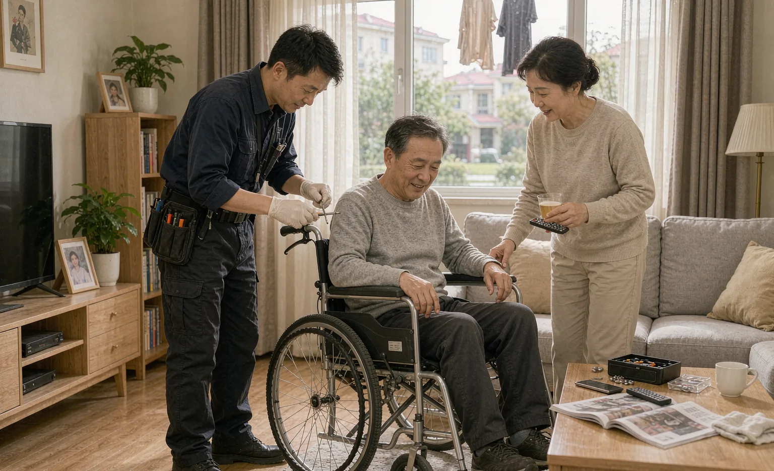 售后人员为轮椅进行检修保养